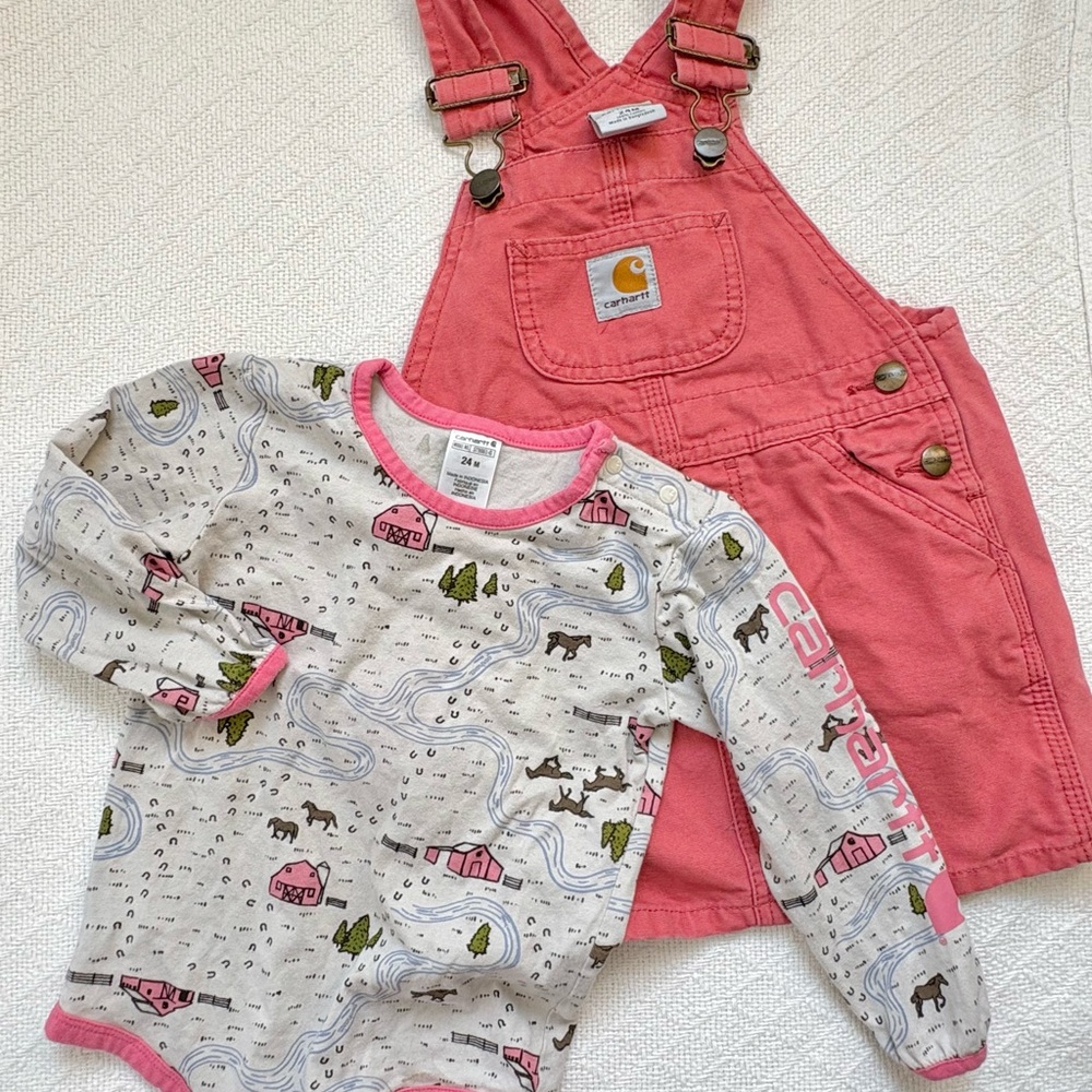 Carhartt Pink Overall Jumper Farm Print Long-sleeve Onesie Shirt Baby Girl 18m
